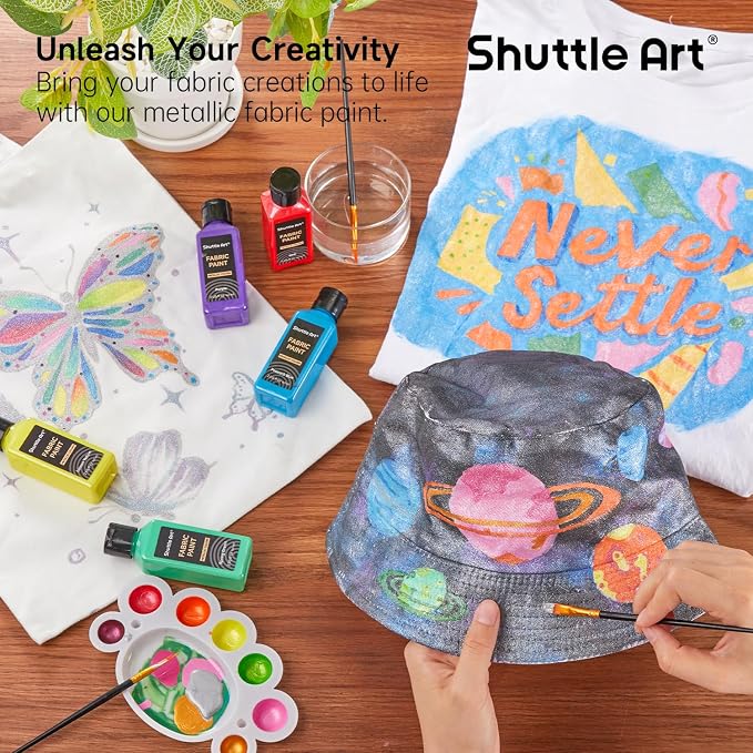 Metallic Fabric Paint, Shuttle Art 18 Metallic Colors Permanent Soft Fabric Paint in Bottles (60ml/2oz) with Brush and Stencils, Non-Toxic Textile Paint for T-shirts, Shoes, Jeans, Bags & DIY Projects