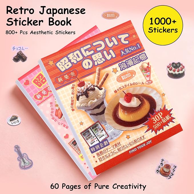 Tmtains 1000+Pcs Japanese Sticker Book for Scrapbook 60 Sheets Heisei Retro Korean Stickers for Journaling Aesthetic Japanese Sticker Book for Adults DIY Crafts Junk Journal (Pink & Apricot Dessert)