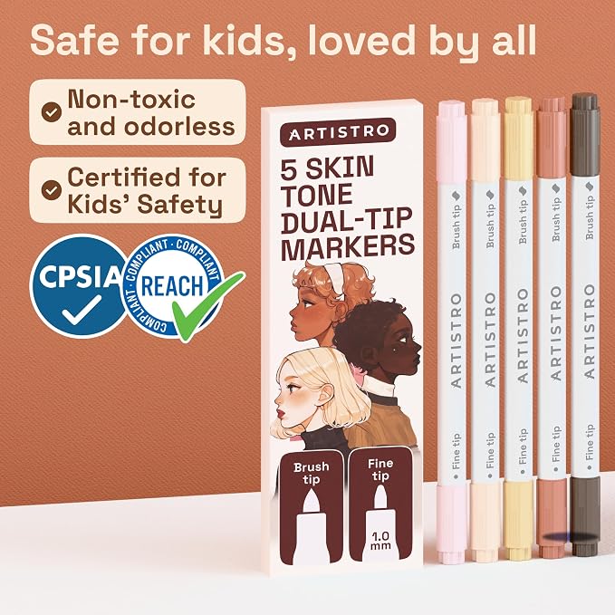 ARTISTRO 5 Skin Tones Dual-Tip Acrylic Paint Marker Pens for Drawing | For Fabric, Rock, Glass, Wood, & Molds, Arts & Crafts Gift for Adults, Teens, & Kids, Classroom Must Haves & School Supplies