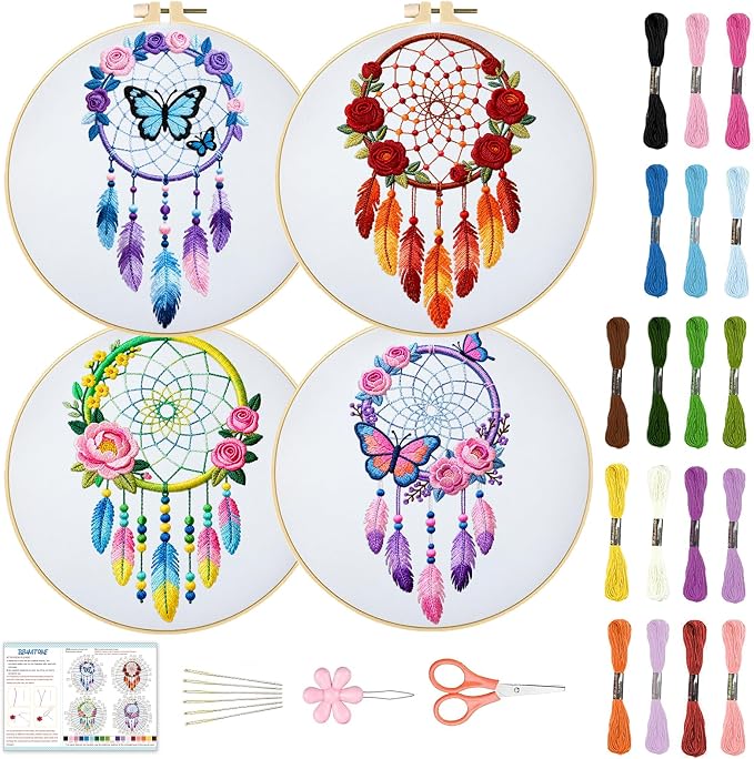 BEUNITONE 4 Set Dream Catcher Embroidery Kit for Beginners 7.9"x7.9" | DIY Craft Kits for Adults Women with Embroidery Hoops, Instructions, Handmade Needlepoint Kits for Craft Lover and Home Decor