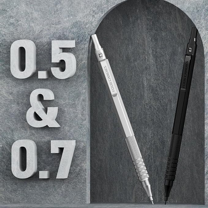 2PCS Metal Mechanical Pencil Set, 0.5mm+0.7mm, Storage Case, Black＆Silver