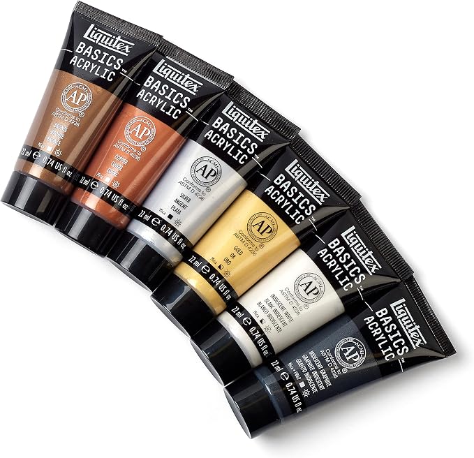 Liquitex BASICS Acrylic Paint Set, 6 x 22ml (0.74-oz) Tubes, Metallics | Medium Viscosity, Satin Finish, Lightfast, Fine Art Pigments, Range of Opacities, Easy Blending