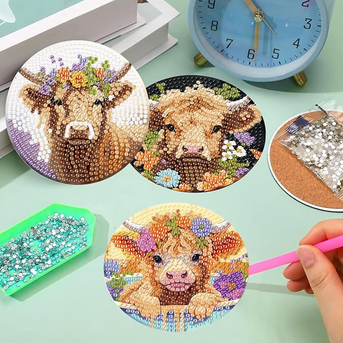 mrpwnle 8 Pack Highland Cow Diamond Art Coasters Kits for Adults Beginners