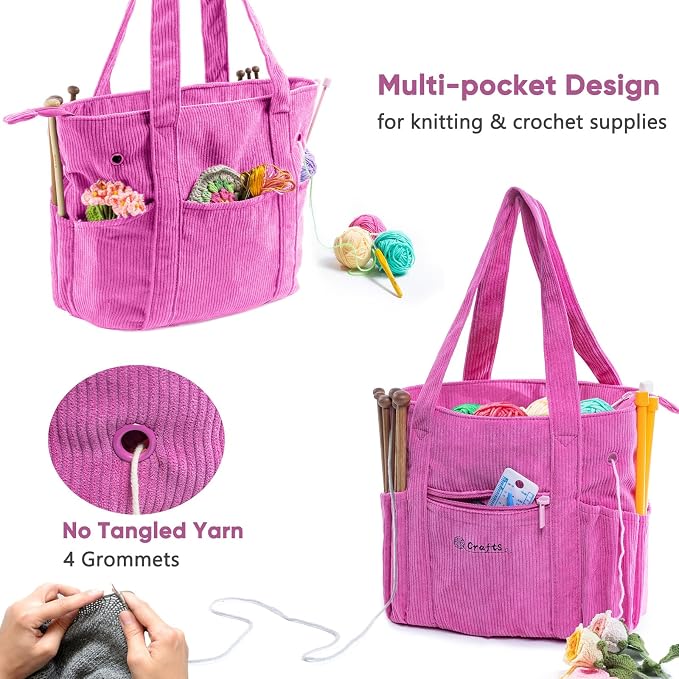 MYBAGZING Crochet Bag and Tote - Corduroy Yarn Bag - Yarn Holder for Crocheting - Crochet Storage Bag for Crochet Hooks, Crochet Accessories, Knitting Bag for Crochet Lovers, Mom Gift
