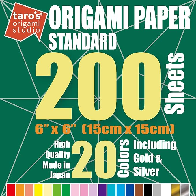 [Taro's Origami Studio] Standard 6 Inch One Sided 20 Colors 200 Sheets Square Easy Fold Premium Japanese Paper for Beginner (Gold and Silver Included) Made in Japan