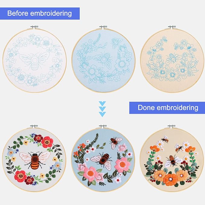 Santune 3 Pack Bee Embroidery Kit for Beginners Adult Cross Stitch Kits Hand Embroidery with Animal Patterns and Instructions,DIY Sets for Women with Hoop,Threads and Needles