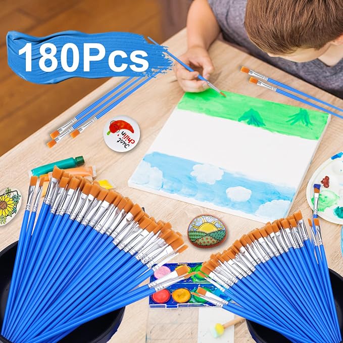 AROIC 180pcs Flat Paint Brushes Set, Small Brushes Bulk Nylon Hair | Kids Acrylic Oil Watercolor Artist, Professional Painting for Classroom Students