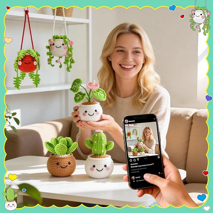 Joyclub Crochet Kit for Beginners 6 Fake Plants with Video for Adults | 6 Pcs fake hanging potted plants family with video guidance and supplies; decor-inspired projects for adult crochet learners