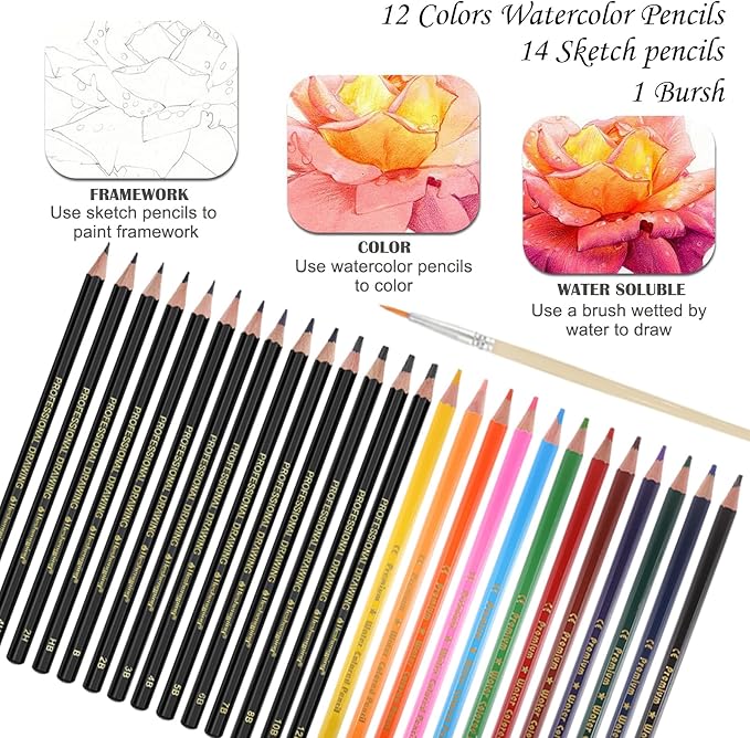 Heshengping, 41pcs Sketching Pencil Set Drawing Sketch Kit Graphite Charcoal Watercolor Pencils Blending Stumps 50page sketchbook, coloring book, Beginners Artist Teens and Adults