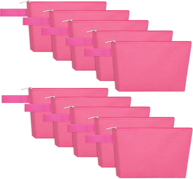 10 Pieces Cotton Canvas Makeup Bag with Bottom and Strap, Multi-Purpose Cosmetic Bag with Zipper Travel Toiletry Pouch, Blank DIY Craft Bag (Hot Pink, XS)