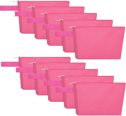 10 Pieces Cotton Canvas Makeup Bag with Bottom and Strap, Multi-Purpose Cosmetic Bag with Zipper Travel Toiletry Pouch, Blank DIY Craft Bag (Hot Pink, XS)