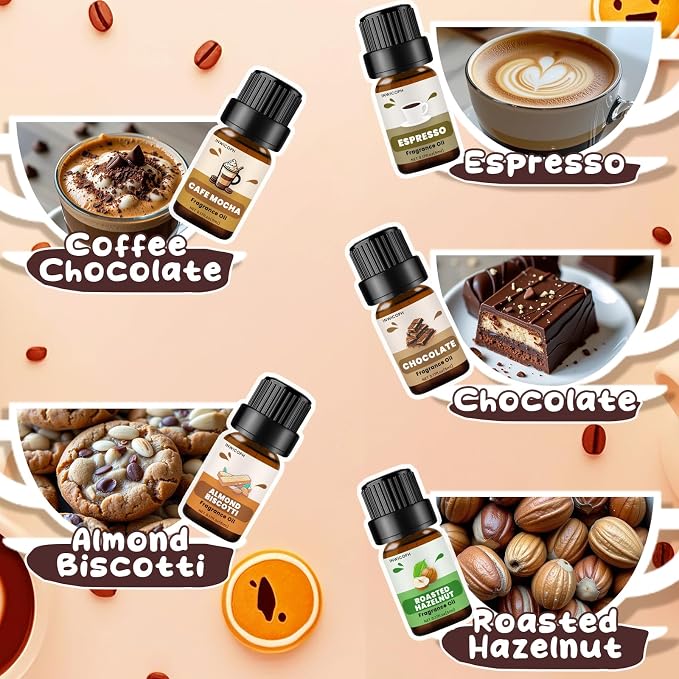 Coffee Shop Fragrance Oil Set | Espresso, Mocha Coffee, Chocolate, Almond Biscotti, Roasted Hazelnut Candle Scents for Candle Making, Soap Making Supplies, Diffuser Oil Scents