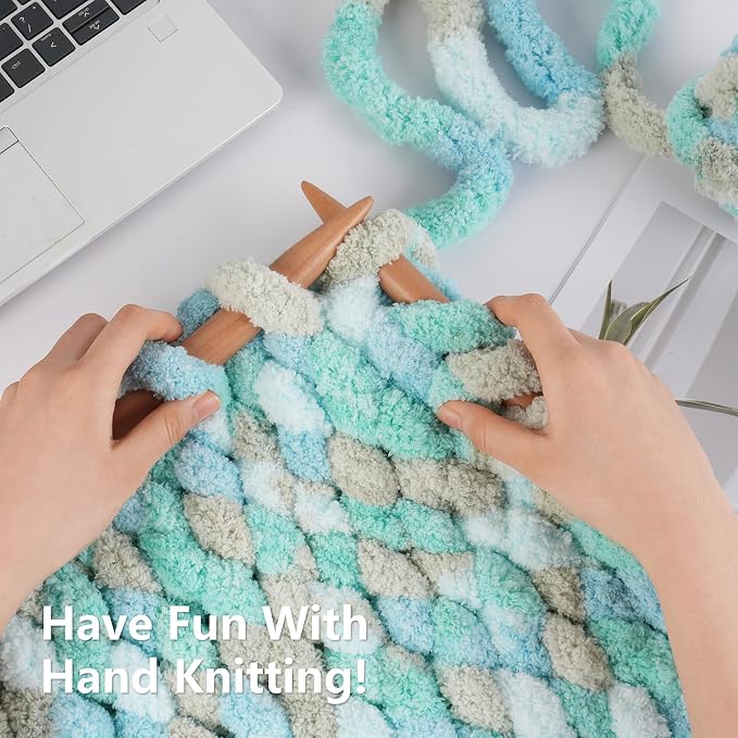 Cozyful Chunky Yarn for Hand Knitting - #10 Chunky Chenille Blanket Yarn, Jumbo Big Thick Chunky Yarns for Crocheting, Tie Dye Bulky Knit Yarns, 8 Skein (20 yds 8 oz Each Skein), Khaki & Teal & Blue