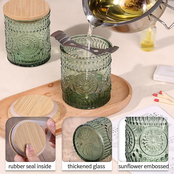 DARJEN 10 Pcs 8oz Glass Candle Jars with Lids, Candle Tins-Green | Premium Thick Glass, Secure Wooden Lids- Candle Jars for DIY Candle Making, Stunning Sunflower Design