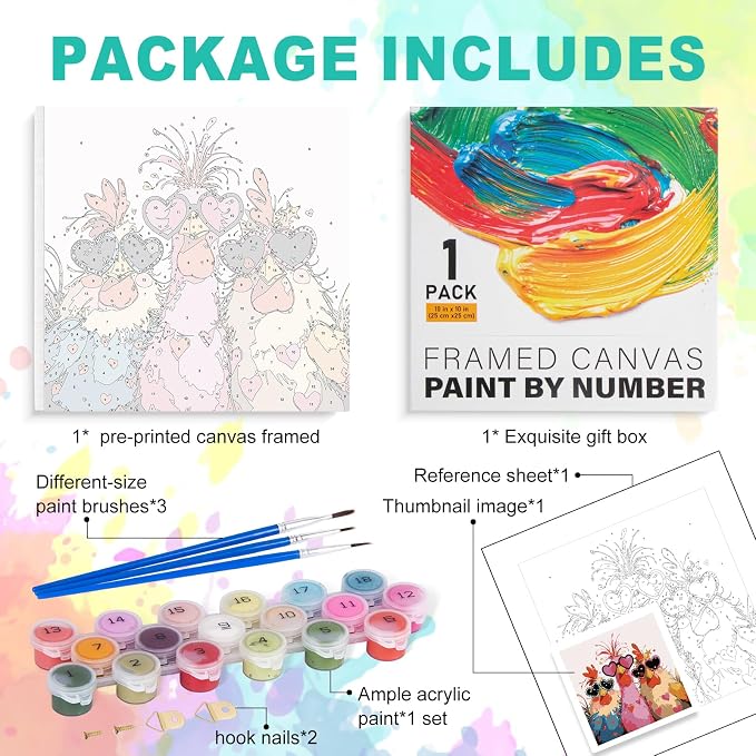 GEEHEIY Framed Paint by Numbers Kit for Adults, Funny Chicken, 10 x 10 Inch | DIY Adult Paint by Number Kit for Beginners, Farmhouse Wall Decor, Stress Relief Craft Gift, Creative Hobby