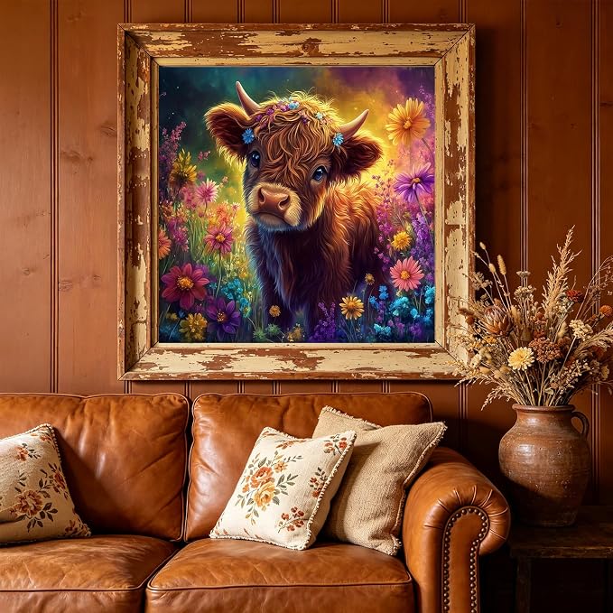 5D Highland Cow Diamond Art kits for Adults Beginners 13.7x 13.7 Inch | Animals Diamond Painting Kit DIY Full Round Drill Paint by Diamonds Dot Gem Art for Adult, Home Wall Decor