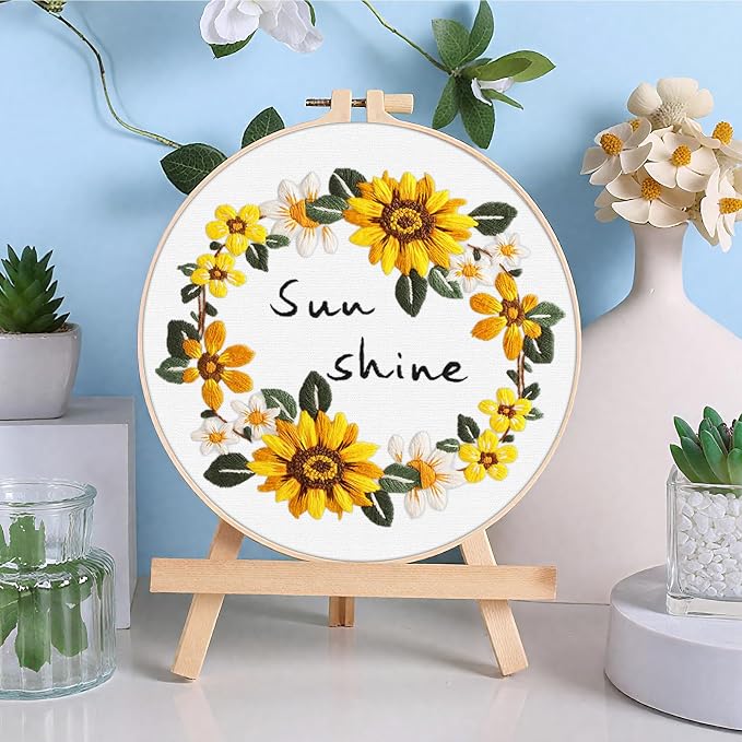 ERKOON 3 Sets Embroidery Kit, Floral Cross Stitch Set for Include Embroidery Cloth Hoops Threads for Craft Lover Hand Stitch (Sunflower)