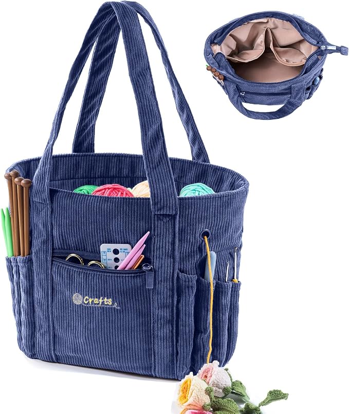 MYBAGZING Crochet Bag and Tote - Corduroy Yarn Bag - Yarn Holder for Crocheting - Crochet Storage Bag for Crochet Hooks, Crochet Accessories, Knitting Bag for Crochet Lovers, Mother's Day Gift