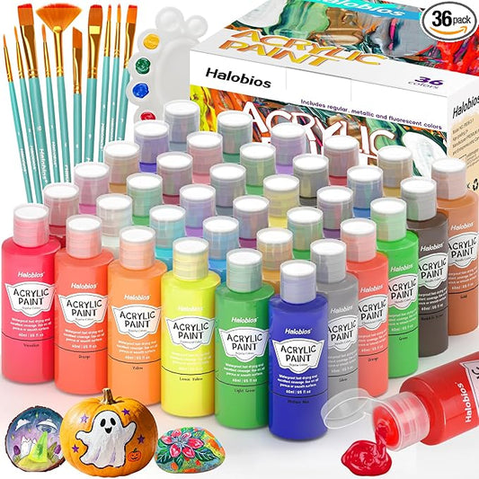 Halobios Acrylic Paint Set 36 Colors, Premium Acrylic Paints for Students & Adults, With Fluorescent Colors & Metallic Colors for Painting, Drawing & Art Supplies, DIY Arts and Crafts