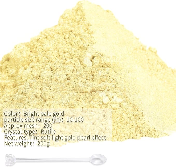 Mica Powder,7.05OZ（200g）,Bright Pale Gold Mica Powder Pigment for Epoxy Resin，Lip Gloss，Car Paint，Dye，Soap Making，Nail Polish,Epoxy Resin,Candle Making,Bath Bombs