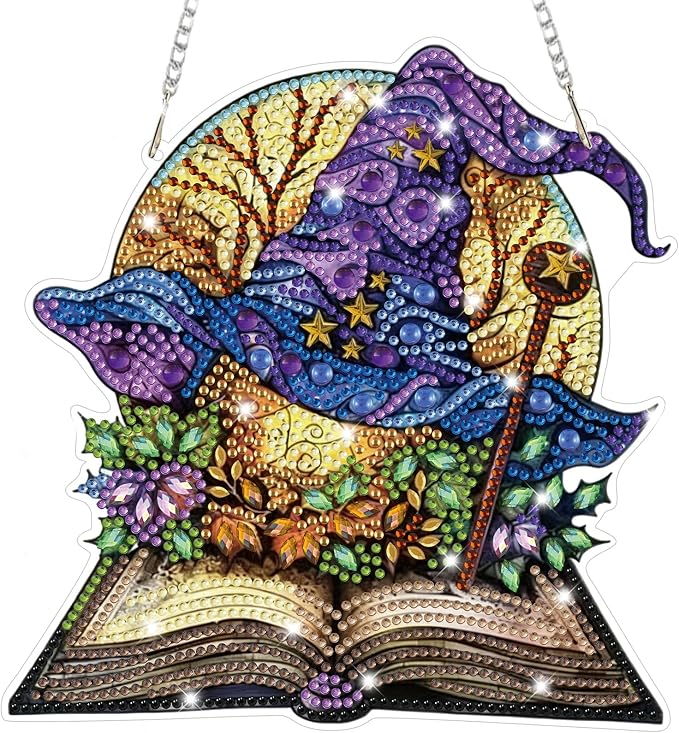 Bowetile Magic Witch Hat Diamond Art Hanging Kits for Adults, Halloween Diamond Art Suncatchers Spell Book, 5D Special Shape Diamond Painting Pendant Window Ornament Gift for Home Wall Decor