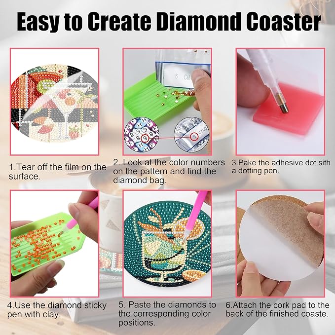 Ycydilirab 8 Pcs Cocktail Diamond Art Coasters with Holder,Cocktail Diamond Art Kits for Adults,Diamond Painting Coasters Kit for Gift