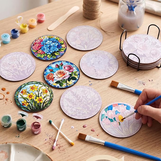 Reallnaive 8 Pcs Flower Paint by Numbers Kit for Adults Wood Floral Coaster | Mini Paint by Numbers, Tiny Round Oil Painting Drink Coaster with Holder, for Small DIY Craft Birthday Gift