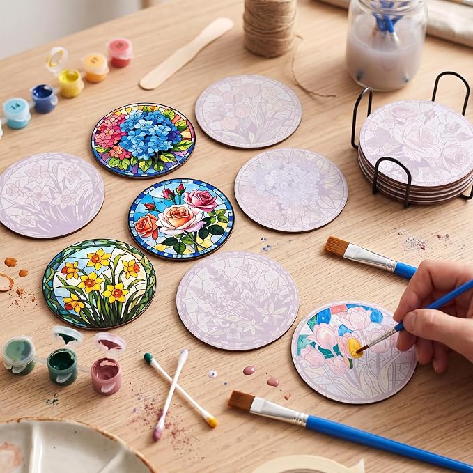 Reallnaive 16 Pcs Flower Paint by Numbers Kit for Adults Wood Floral Coaster