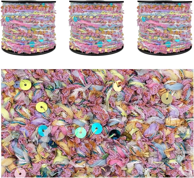 Artisanal Yarn Collection Multifiber Fancy Yarn with Colorful Sequins for Knitting Crocheting Crafts DIY, Set of 3 Rolls (Fairy Tale)