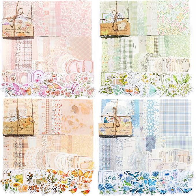 400 Pcs Floral Scrapbook Paper & Stickers, 4 Packs Scrapbook Supplies Kit, Junk Journal Scrapbooking Paper for Journaling, Scrapbooking Embellishments, Planner, Card Making