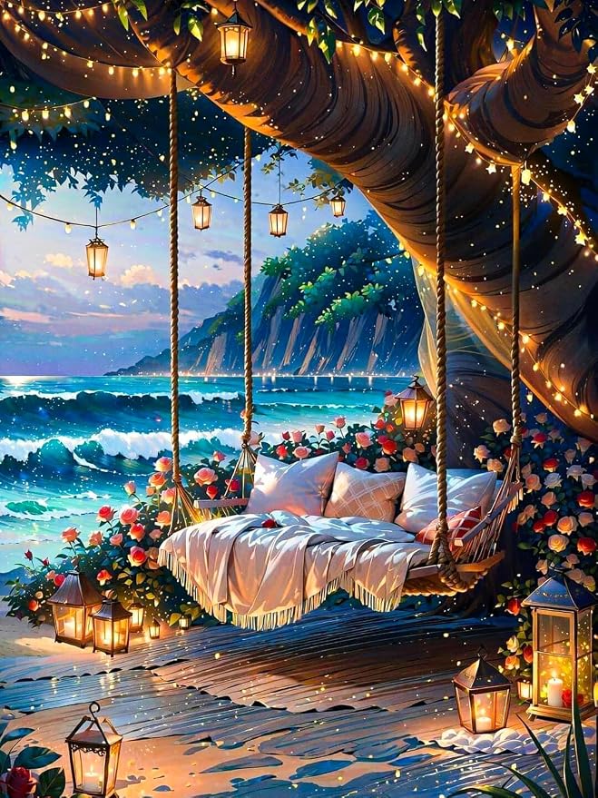 GEEHEIY Diamond Art Kits for Adults, 5D Beach Swing Diamond Painting Kit