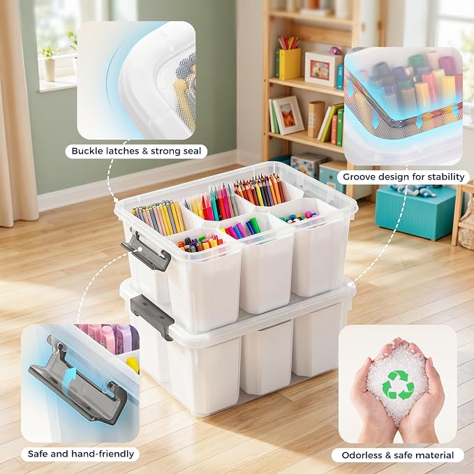17QT 2Packs Clear Marker Organizer – 6 Detachable Inserts, Stackable Craft Organizers and Storage, Art Supply Organizer for Markers, Crayon, Pencils, Pens and Craft Supplies