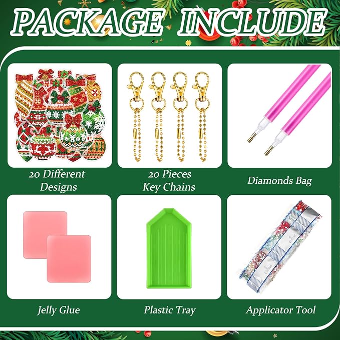 Tondiamo 20 Pcs Christmas Diamond Painting Keychain Kits 5D DIY Diamond Art Pendants Double Sided Hanging Key Chains for Christmas Party Decoration DIY(Balls Style)
