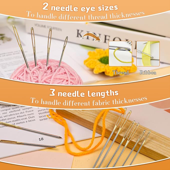 TLKKUE 12 Pcs/3 Sizes Large-Eye Blunt Needles, Steel Yarn Needle Gold | Tapestry Needle with Needle Threader for Sewing Crochet Knitting Embroidery (Gold 2.08in/2.36in/2.76in)