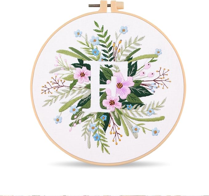Harimau Letter F Pattern Embroidery Kit for Adult Beginners, Complete Starter Pack with 1 Hoop, Needles, Instruction Guide & Embroidery Stitch Video Tutorials