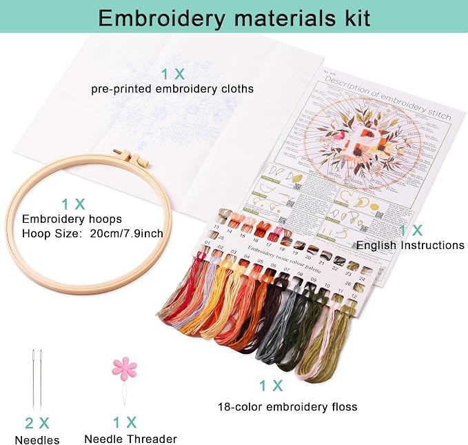 Harimau Letter Pattern P Embroidery Kit for Adult Beginners, Complete Starter Pack with 1 Hoop, Needles, Instruction Guide & Embroidery Stitch Video Tutorials