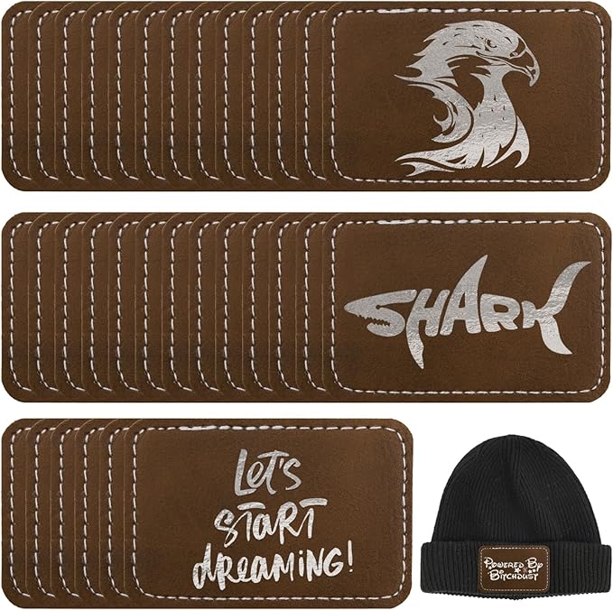 50 Pack Blank Leatherette Hat Patch with Adhesive, Rectangle Laserable Leatherette Patch, Faux Leather Patches for Hats Custom Fabric Repair Sew Laser Supplies (Brown to Silver)