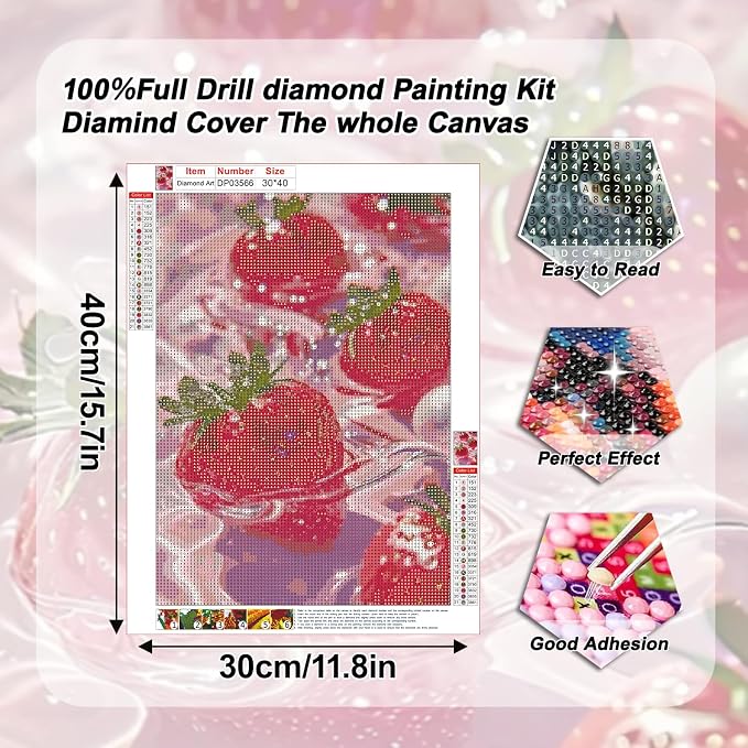 AIBOERL Diamond Art Kits for Adults,Strawberries Diamond Painting | Round Drill Strawberries Diamond Painting for Beginners DIY Rhinestone 5D Diamond dots(Gemstone Craft)Wall Art Gift 12x16IN