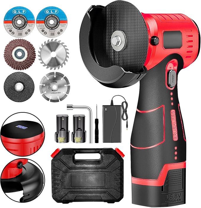 ZFULVO Cordless Angle Grinder Brushless Kit 19500rpm Cutting and Grinding | 3-Inch Mini Electric Angle Grinding Tool, 2x16.8V 2000mAh Battery & 6-Cutting Discs Grinder Handheld Cutter for Metal Wood