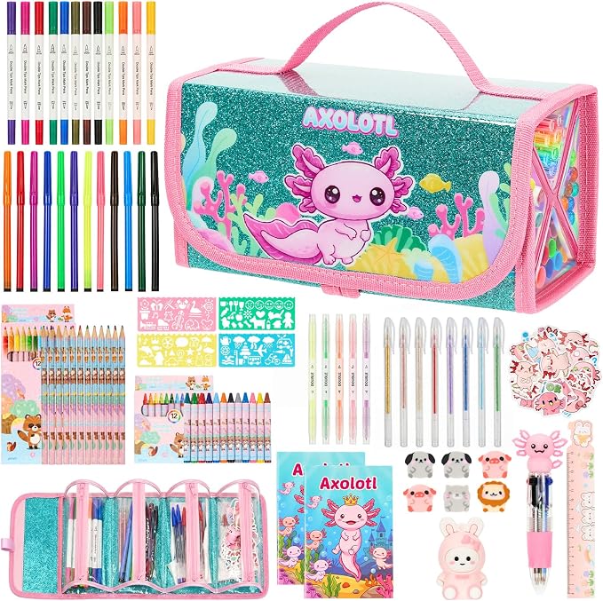 129 PCS Washable Markers Set for Kids 4-8, Axolotl Art Supplies for Kids