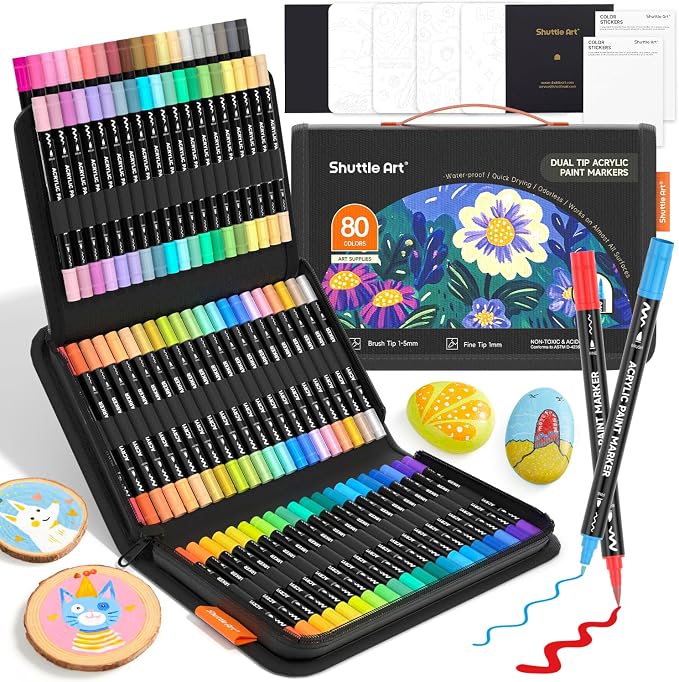 Shuttle Art 80 Colors Dual Tip Acrylic Paint Markers, Brush Tip and Fine Tip Acrylic Paint Pens for Rock, Ceramic, Wood, Canvas, Plastic, Glass, Stone, Calligraphy, Card Making, DIY Football Crafts