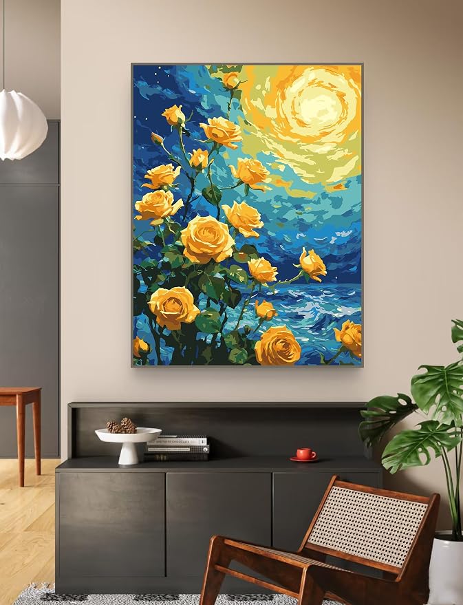 ZRIZQ Flowers Paint by Numbers Kit for Adults Beginner,Yellow Roses,16x20