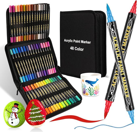 colpart 48 Colors Acrylic Paint Markers,Dual Tip Acrylic Paint Pens,Includes 12 Metallic Brush Tip Markers For Rock Painting, Christmas Decorations,Plastic,Easter Deco,Pumpkin,Canvas And DIY Crafts