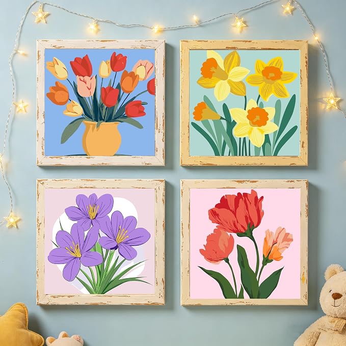 Canrichshop 4-Pack Framed Flowers Paint by Numbers Kit for Adults Beginner & All Ages 8-12 and More,Oil Painting by Numbers for Kids, DIY Number Paint Decor Present 8X 8 inch