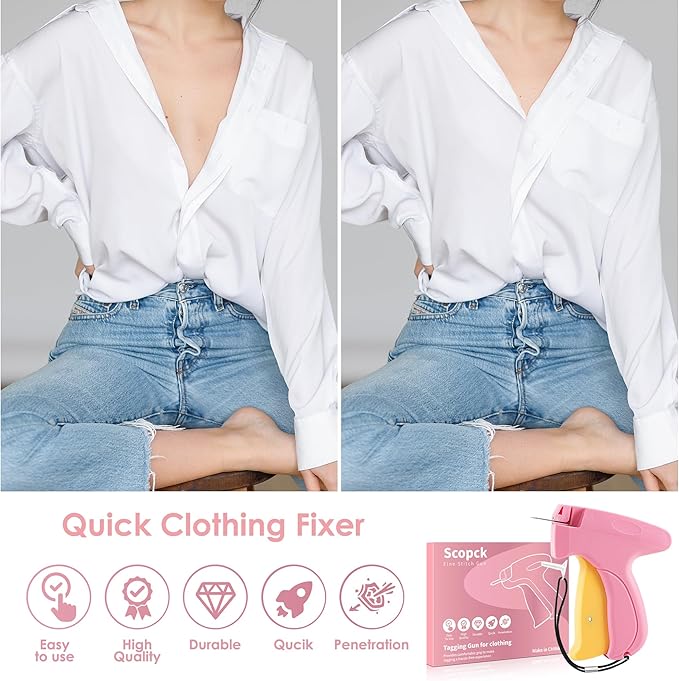 Stitch Gun for Clothes - Handheld Stitch Gun Quick Clothing Fixer - Mini Sewing Kit Micro Tagging Gun - Includes 6 Needle, 1000 Black Fasteners & 1000 White Fasteners (Pink-Yellow)