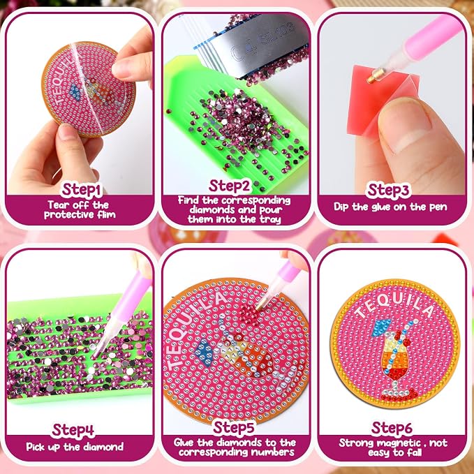Zonon 12 Pcs Diamond Painting Magnets Cocktail Themed Round Fridge Stickers | Colorful Drink Theme for Kitchen Office Locker, Art Craft for Adults, Adhesive Round Stickers, Summer Party Home Decor