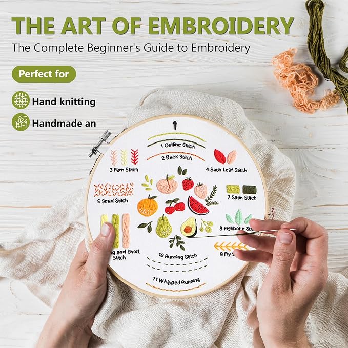 Santune 3 Pack Beginner Embroidery Kits for Adults DIY Starter Kit with 33 Stitch Techniques, Stamped Patterns, Embroidery Hoop, Colorful Threads,Stitch Video Tutorial