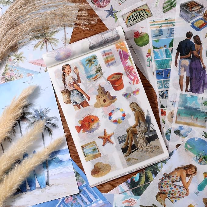 Scrapbooking Stickers 300 Pre-Cut Washi Stickers & 20 Scrapbook Papers Summer Beach Sticker journaling Supplies People Sticker Books for journaling
