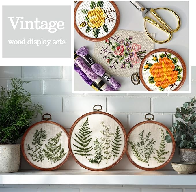 Burbell 15 Pcs Embroidery Hoops Round Wood Frame Cross Stitch,3 Inch | Small Display Frame Ornaments, Imitated Wood with Metal Hooks, DIY Crafts Sewing Hanging Gifts, Christmas Decor Supplies