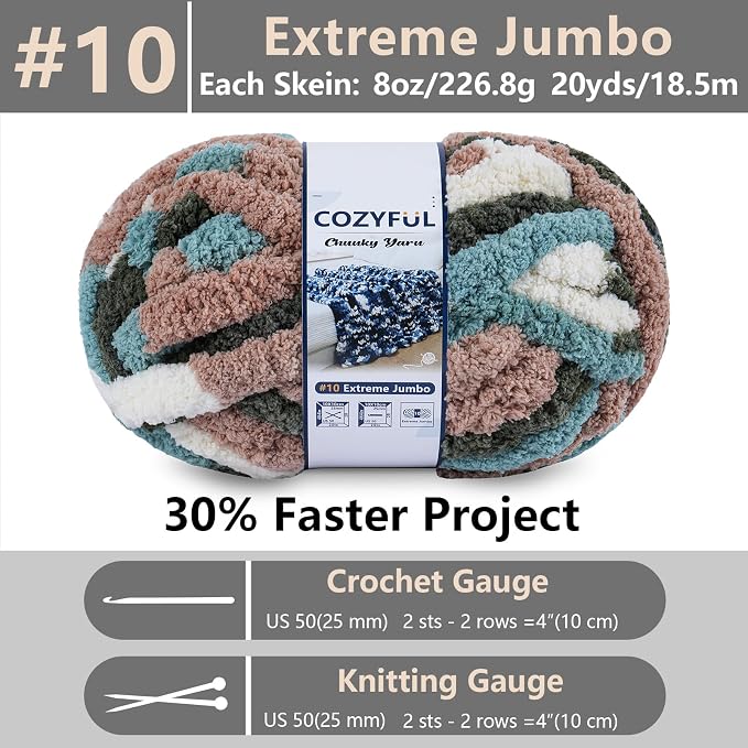Cozyful Chunky Yarn for Hand Knitting - #10 Chunky Chenille Blanket Yarn, Jumbo Big Thick Chunky Yarns for Crocheting, Tie Dye Bulky Knit Yarns, 8 Skein (20 yds 8 oz Each Skein), Forest&Teal&Coffee